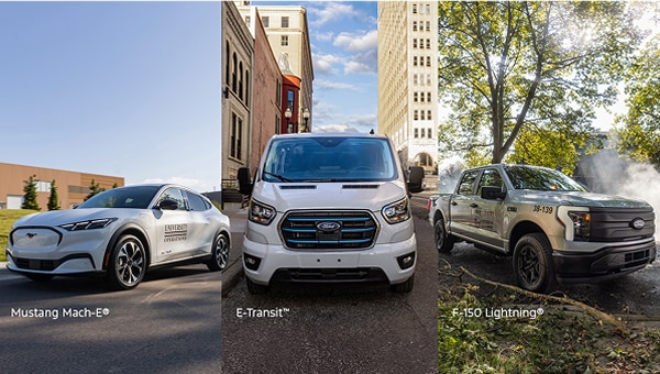 A collage of a Ford Mustang Mach-E, E-Transit, and F-150 Lightning.