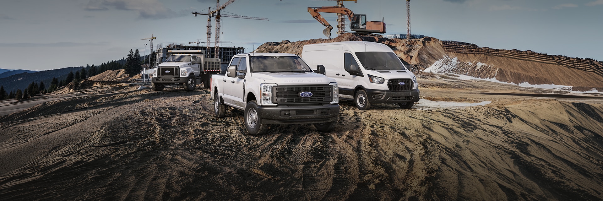 2026 Transit Van, 2026 Super Duty Pick Up and 2027 Medium Duty in a construction setting.