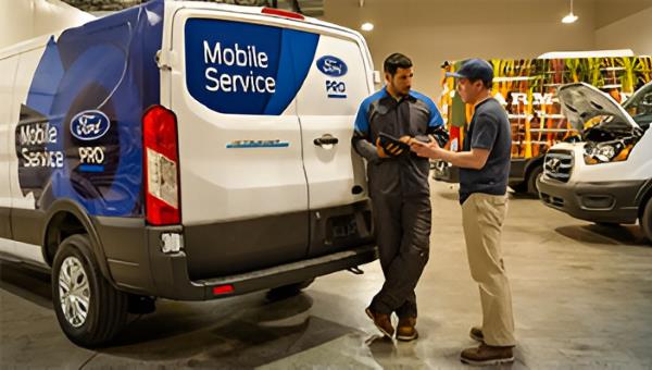 A Ford Pro Mobile Technician talking to a customer inside a warehouse. In the background is a Ford Pro Mobile Service Transit van.