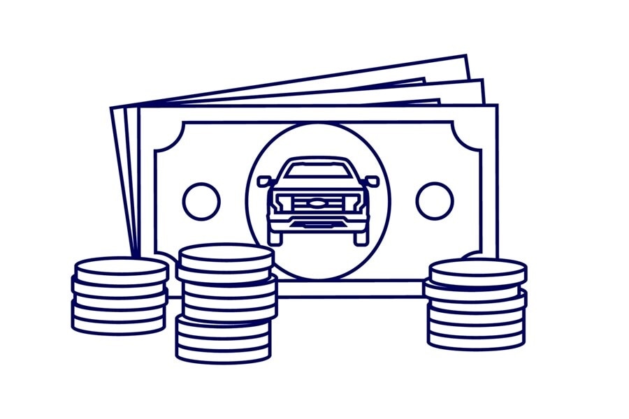 Graphic depiction of money with a 2022 Ford F-150 Lightning on the dollar bill