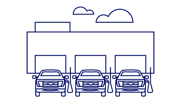 Graphic depiction of three 2022 Ford F one Fifty Lightning Pros parked in front of a building