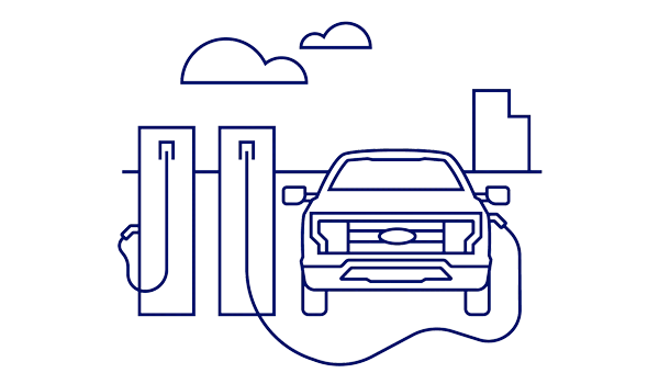 Graphic depiction of a 2022 Ford F one Fifty Lightning Pro at a charging station