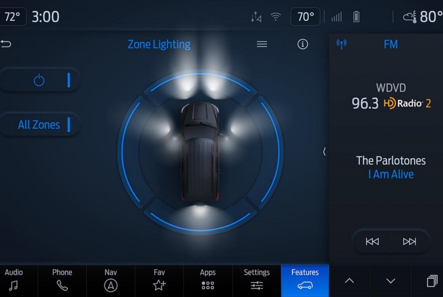 Overhead shot of a 2022 Ford F one Fifty Lightning Pro with a graphic depicting Zone Lighting