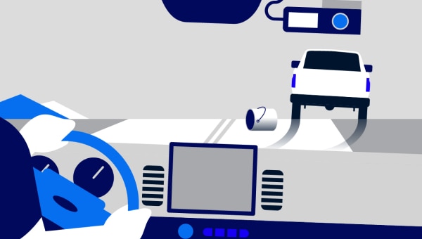 Illustration of a man driving with a vehicle swerving on the road ahead