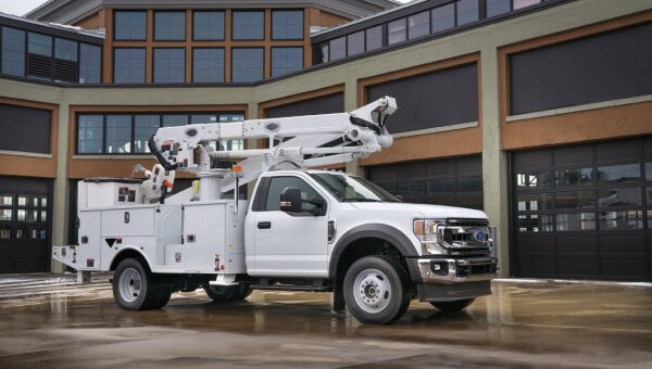 Bucket truck showcasing bucket lift upfit.
