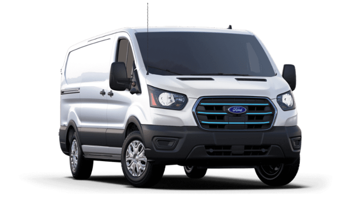 The all-electric 2023 Ford E-Transit van featuring a black grille styled with blue horizontal lines.