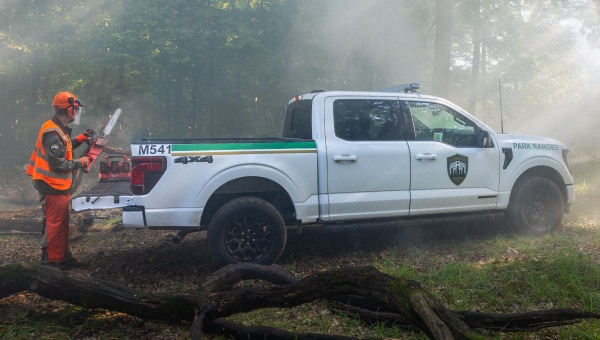 A truck parked in the grass.