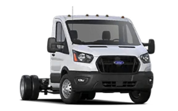 The 2023 Ford Transit Chassis Cab shown with a white exterior paint color.