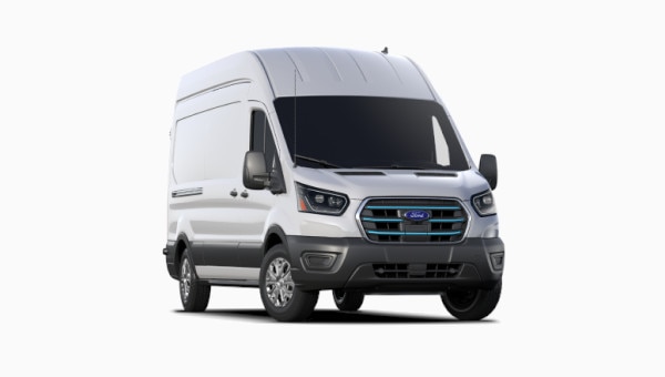 A White Ford E-Transit Van.