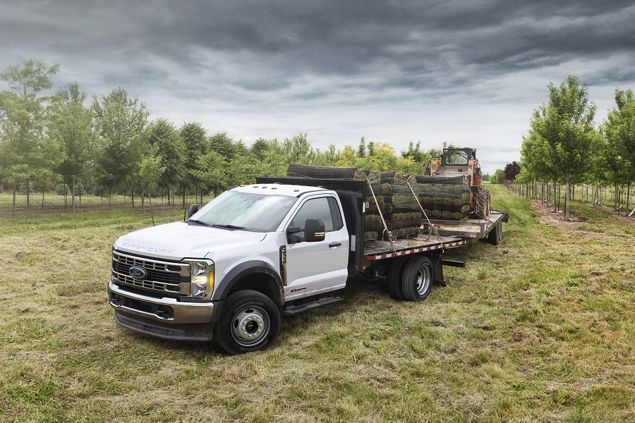 Ford Super Duty blanca con caja de volteo remolca rollos de césped y una minicargadora en un campo arbolado bajo un cielo nublado.