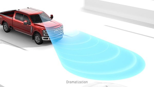 Ford Super Duty roja proyectando ondas de sensor azules desde su parte delantera, indicando un sistema de detección frontal en acción.