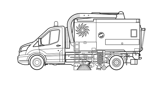 Ilustración de camión de limpieza con Ford Transit Chasis.