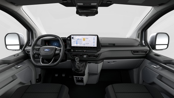 Interior de Ford Transit Custom 2026 con tablero y pantalla táctil.