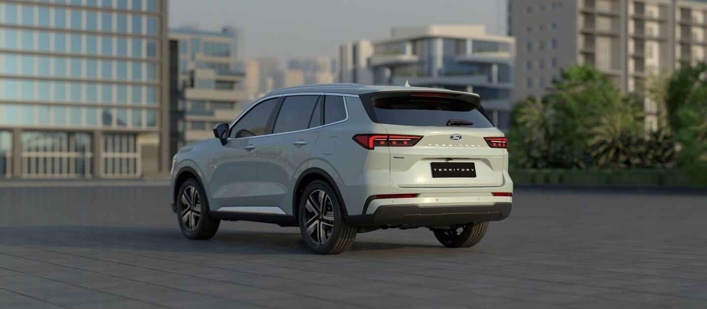 Parte trasera de la Ford Territory 2027 en color Gris Cactus.