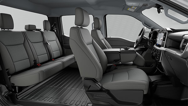 Interior de F-150 con asientos de tela, mostrando la configuración asientos.