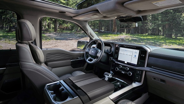 Interior de Ford Lobo 2026 mostrando el tablero con pantalla SYNC 4, clúster digital, volante y techo panorámico.