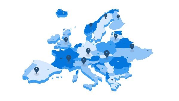 Karta över Europa som framhäver Ford Pro konverterernätverks platser.