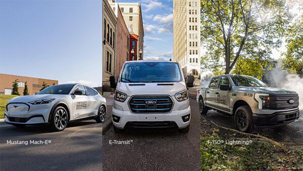 A collage of a Ford Mustang Mach-E, E-Transit, and F-150 Lightning.