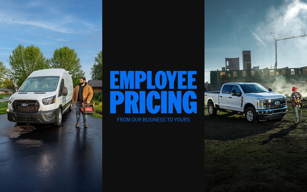 Ford employee pricing banner featuring work vehicle imagery.