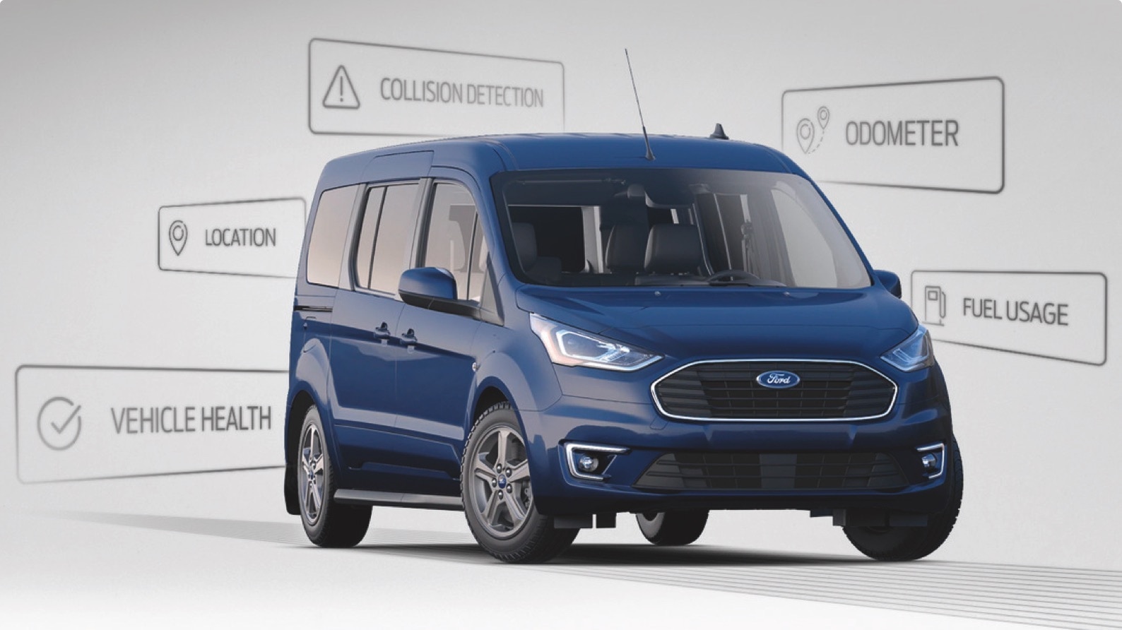 Ford Transit computerized model shows safety callouts around the vehicle. 