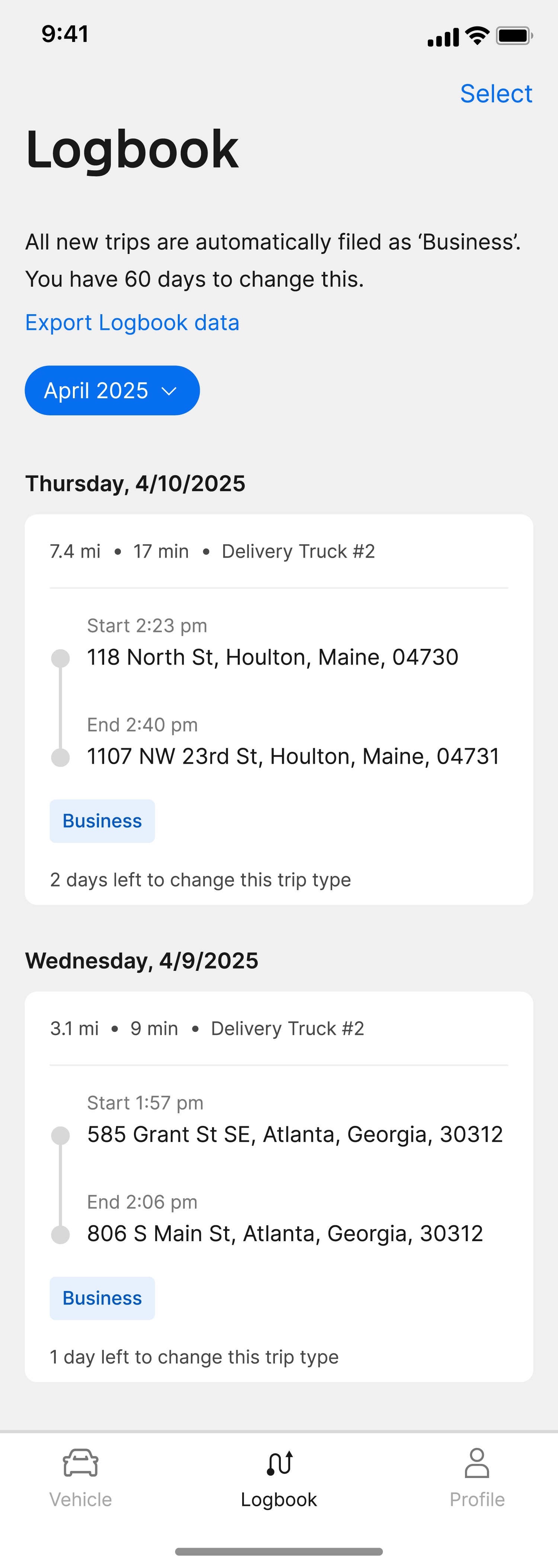 A screenshot of the Logbook page in the Ford Pro™ Telematics Drive app.