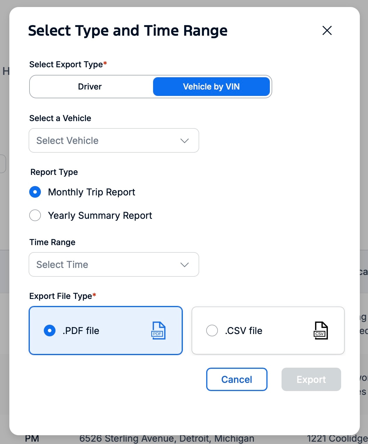  A screenshot showing the Logbook’s filter feature in Ford Pro™ Telematics.
