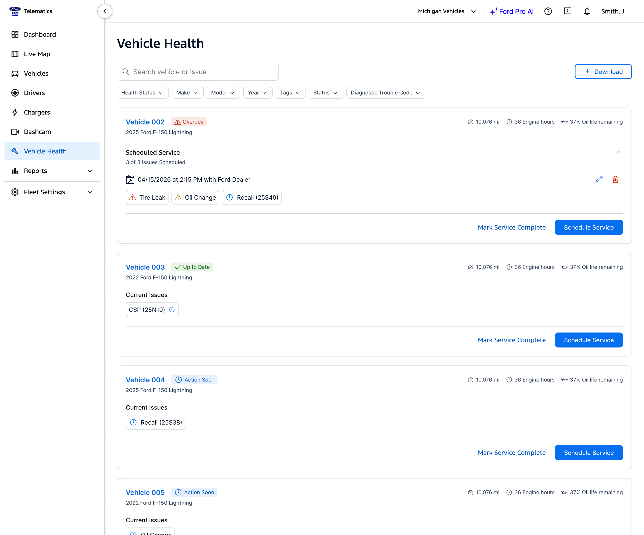 Details about vehicle health, including tire leak, oil change, etc.