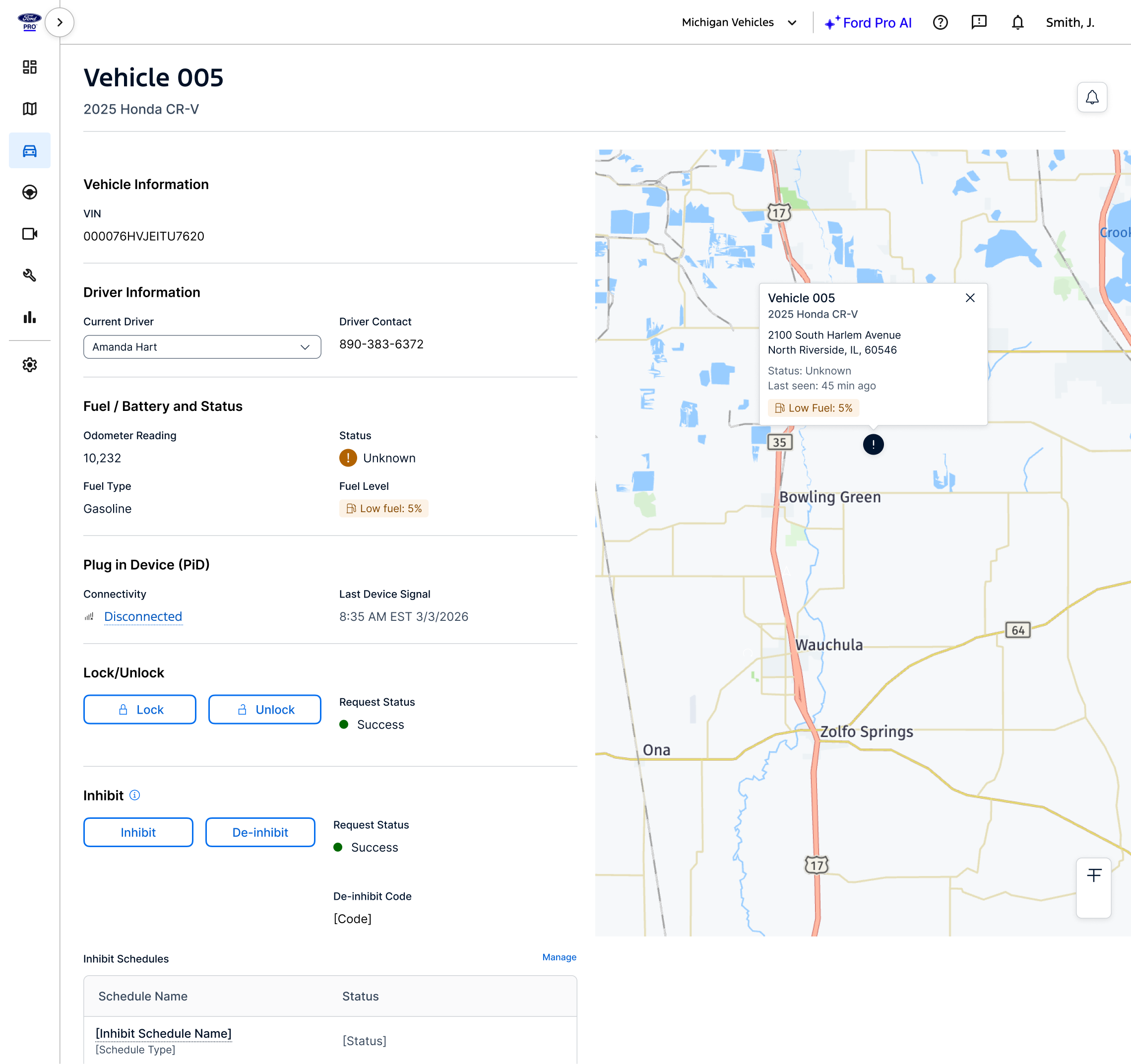 Map showcasing where fleet vehicles are, including fuel/battery status, and more.