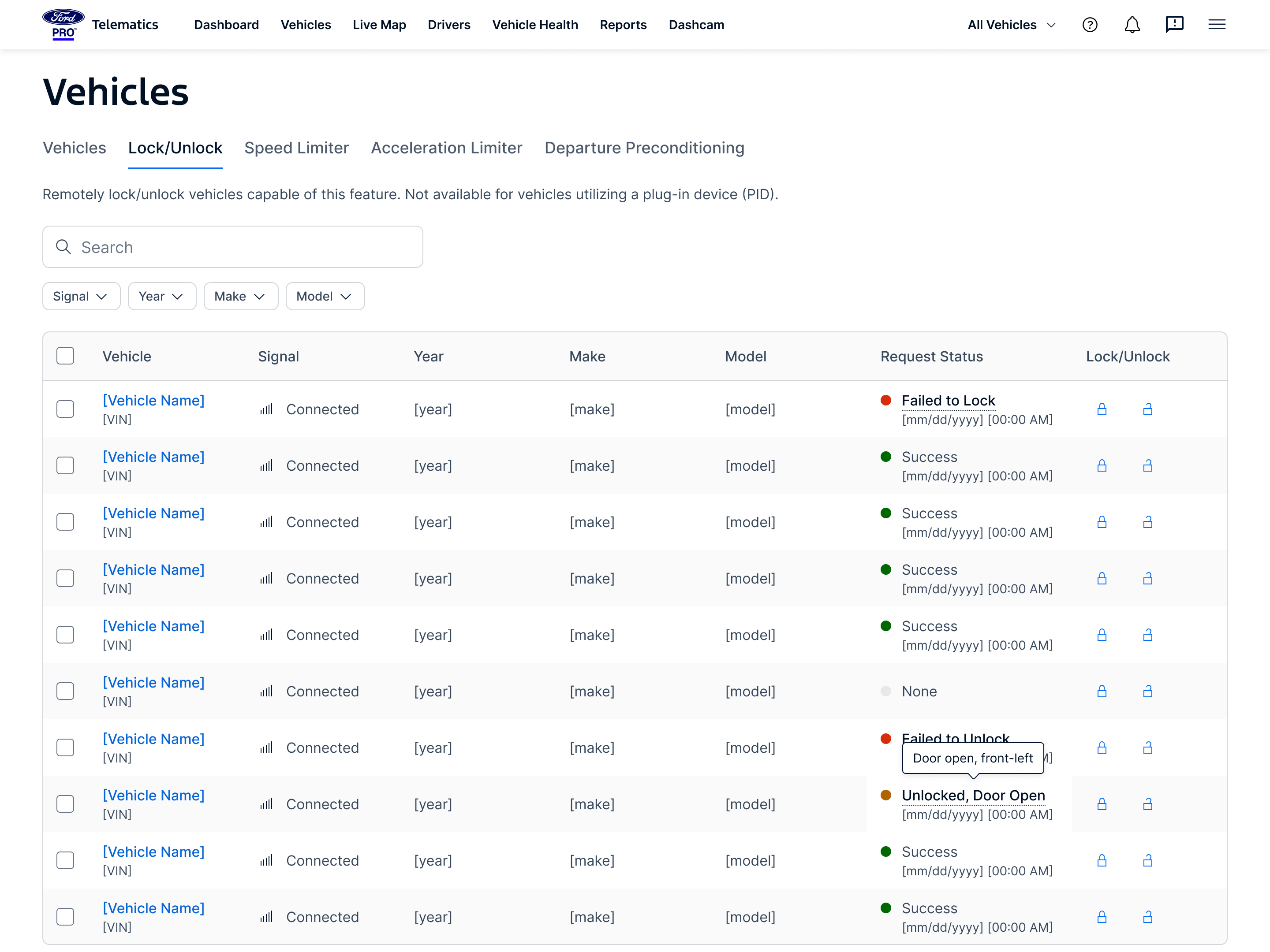 A vehicle management screen lists multiple connected vehicles with columns showing model details, lock/unlock request status, and remote lock/unlock controls.
