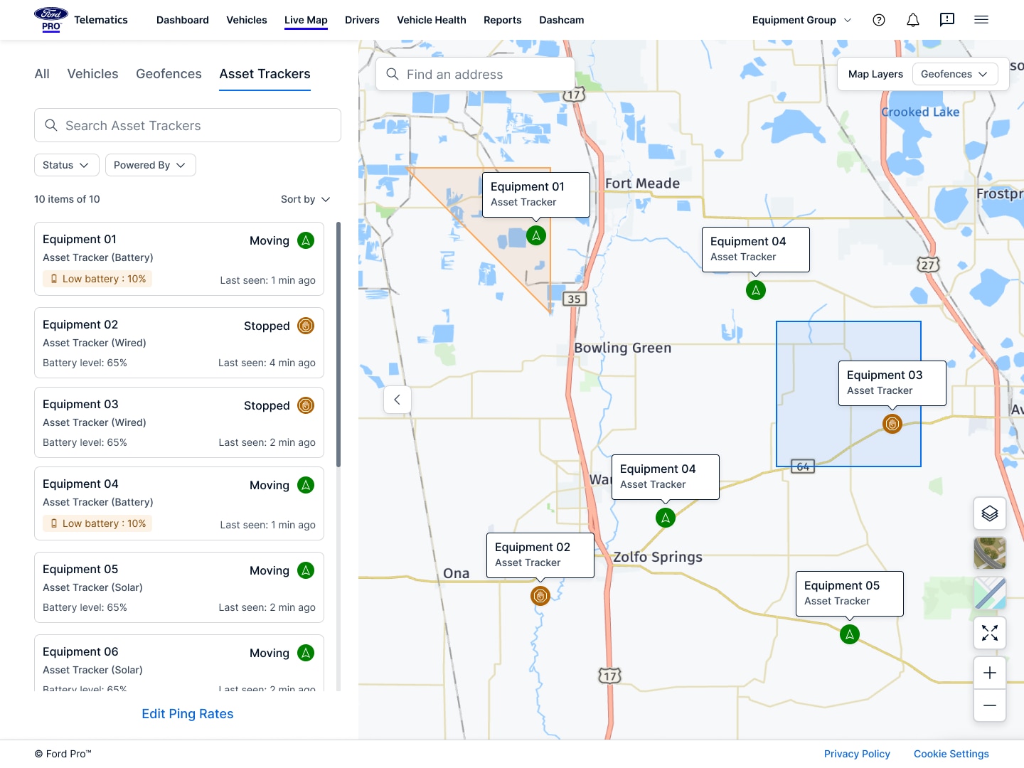 A Ford Pro Telematics Asset Tracking dashboard shows a U.S. map with numerous asset location pins and a left-side panel listing tracked equipment and vehicles with their current statuses.