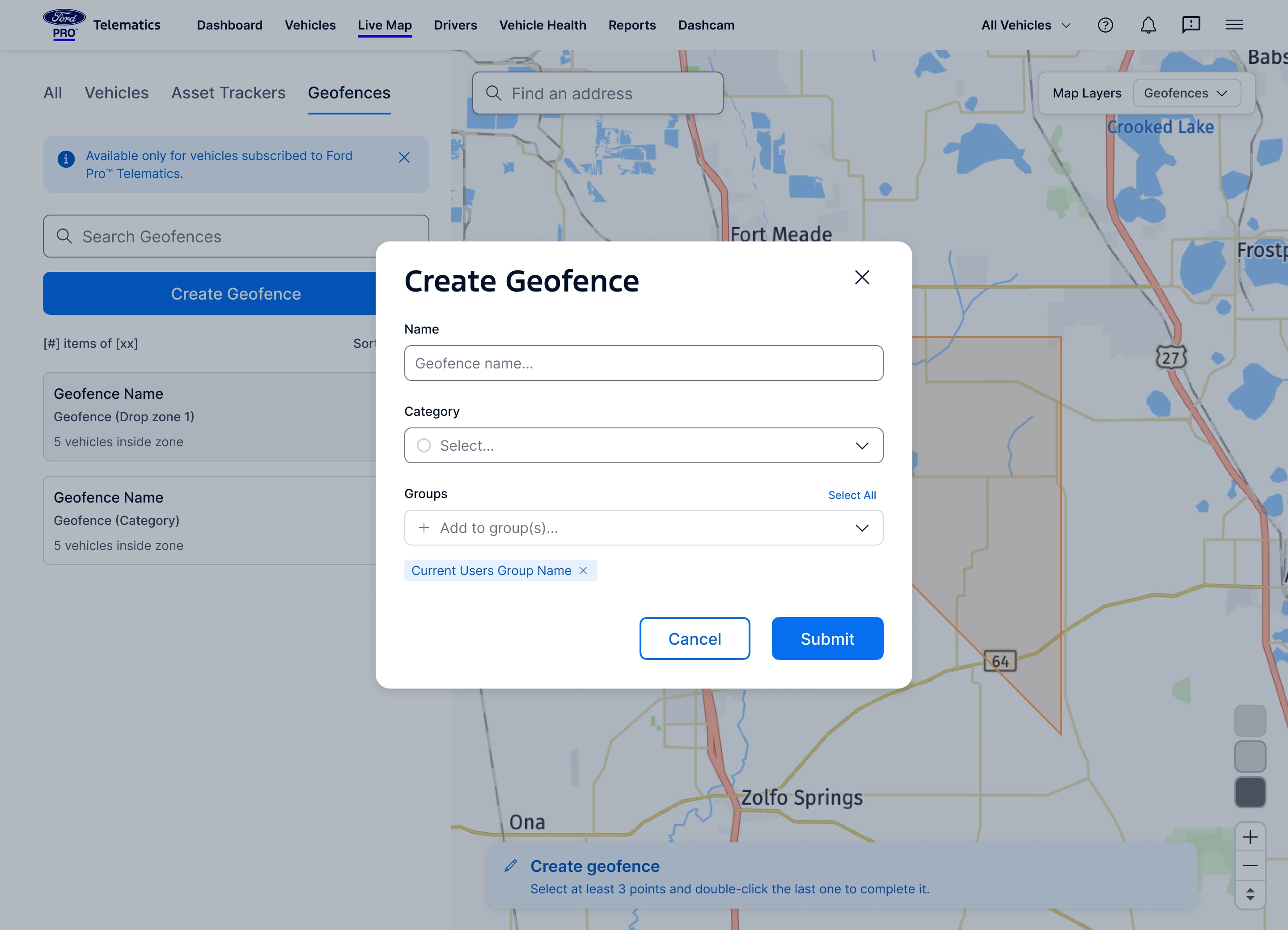 A pop-up window titled “Create Geofence” appears over a digital map, showing fields for geofence name, category, and group selection within the Ford Pro Telematics interface.