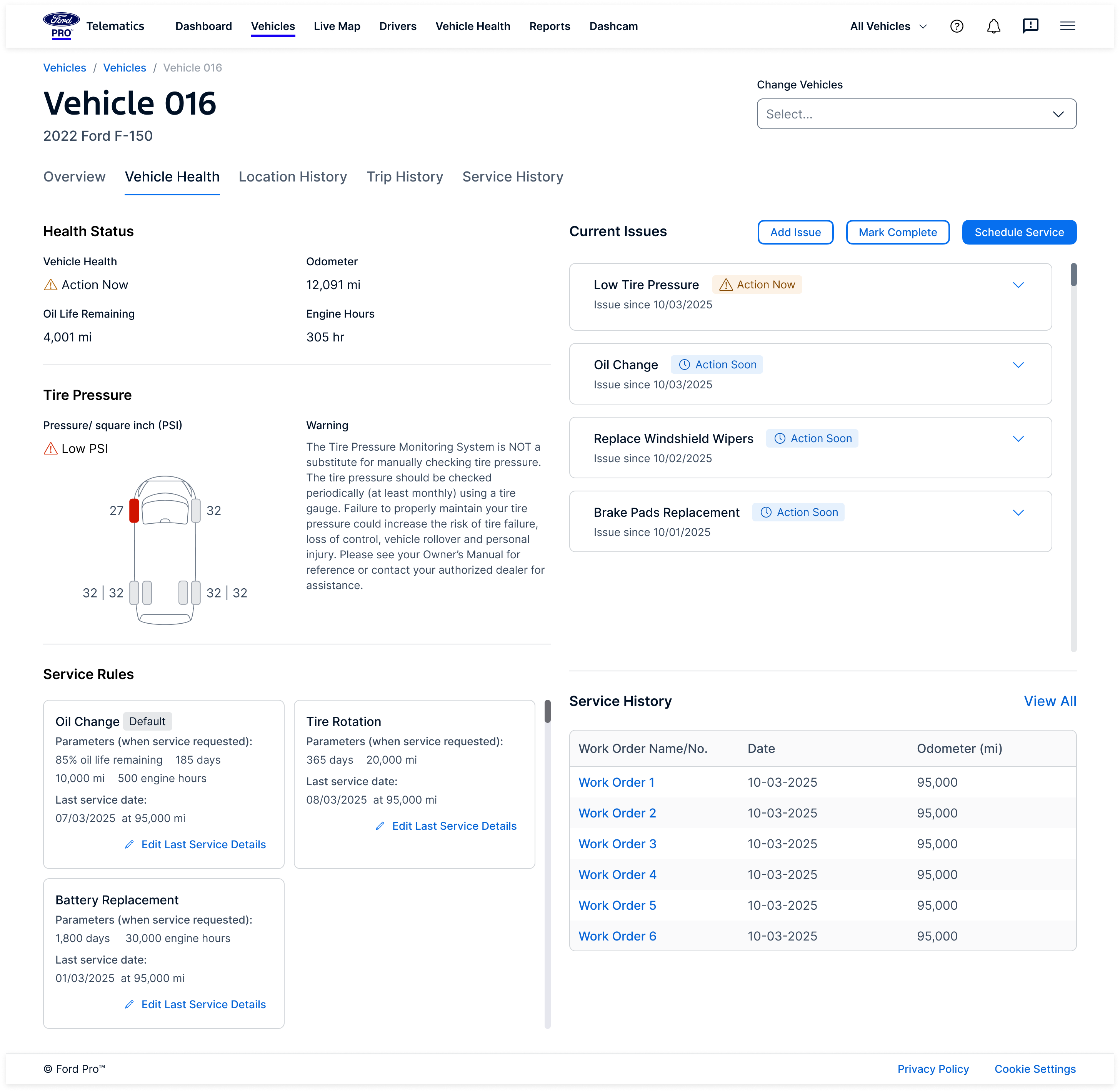 A vehicle health dashboard displays tire pressure, odometer readings, active issues like low tire pressure and a recall notice, and a list of past work orders for Truck 3B.