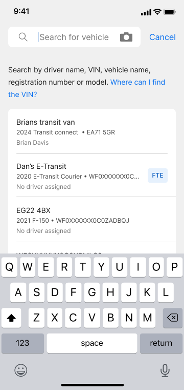A mobile search screen shows a keyboard and a list of vehicles filtered by driver name, VIN, or model as the user types.
