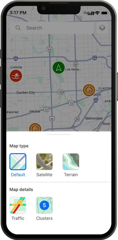 A mobile search screen shows a keyboard and a list of vehicles filtered by driver name, VIN, or model as the user types.