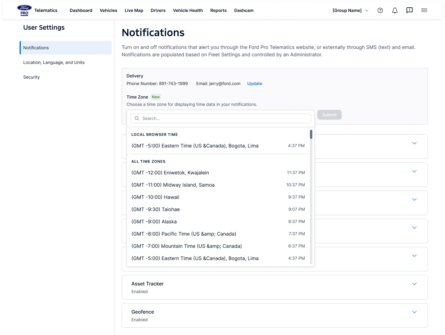 Ford Pro settings showcasing how to set up alerts and notifications display in preferred time zones.