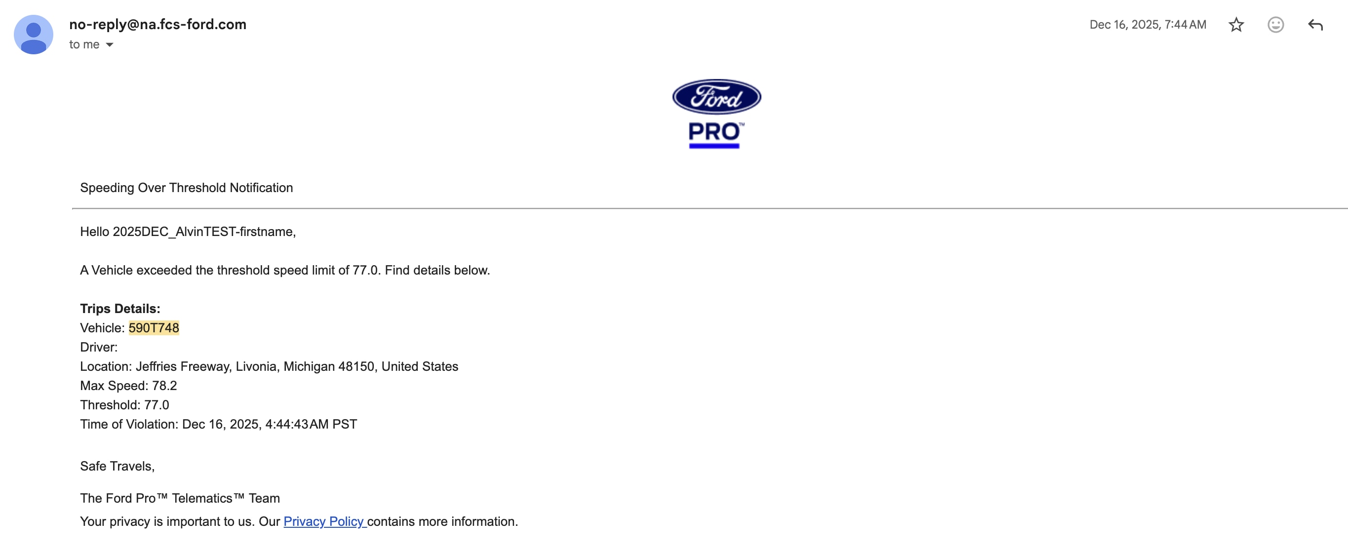 Email notification automatically reflected in the user’s selected time zone.