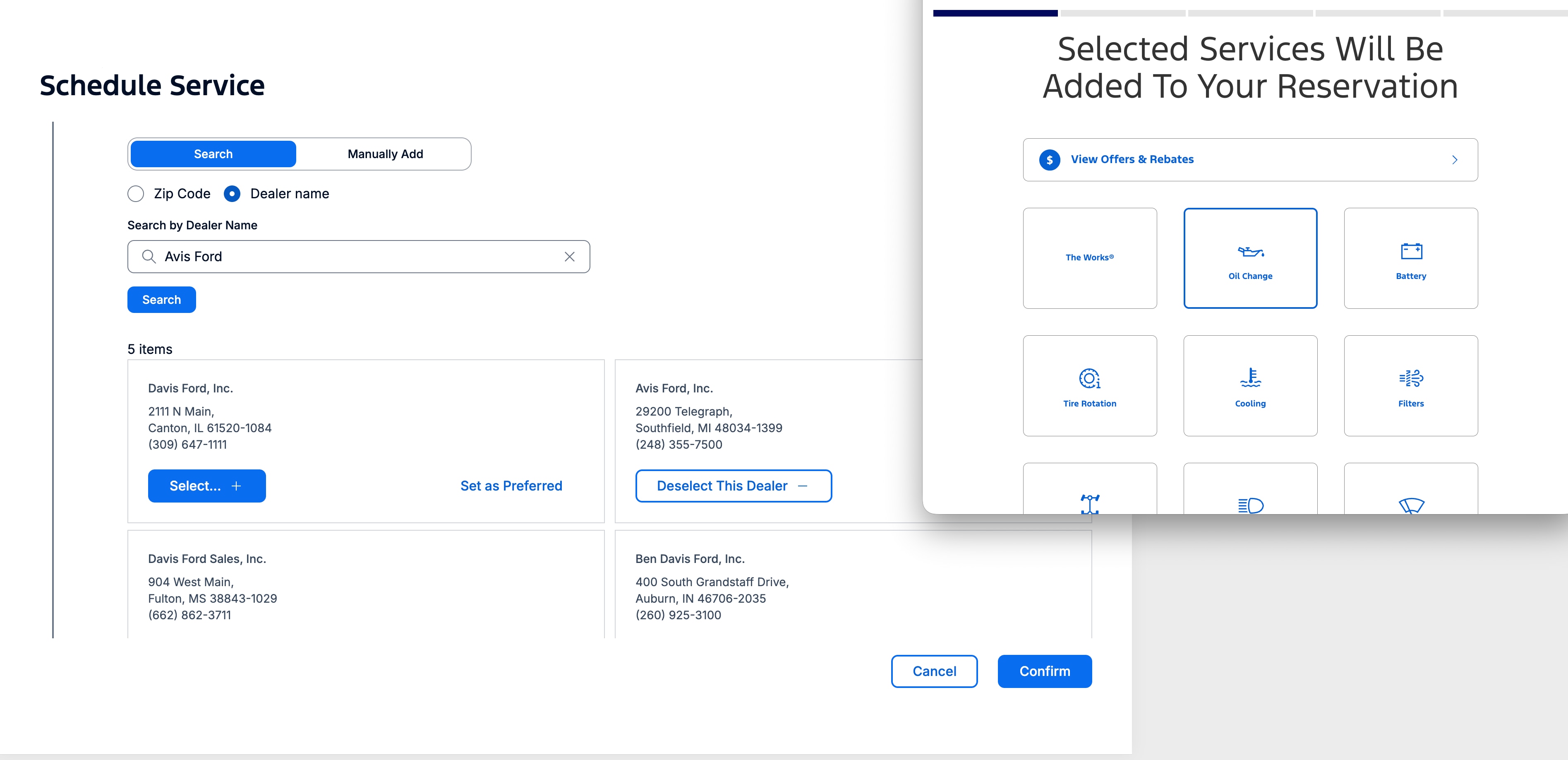 Dealer service scheduling in Ford Pro Telematics with search by name or ZIP code.