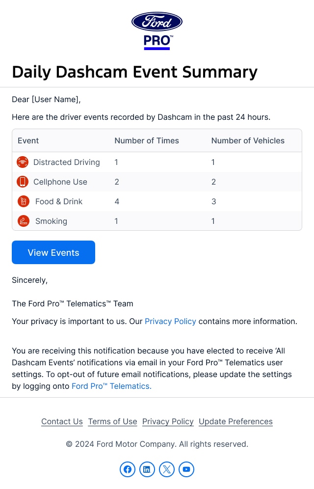 Daily Dashcam event summary email.