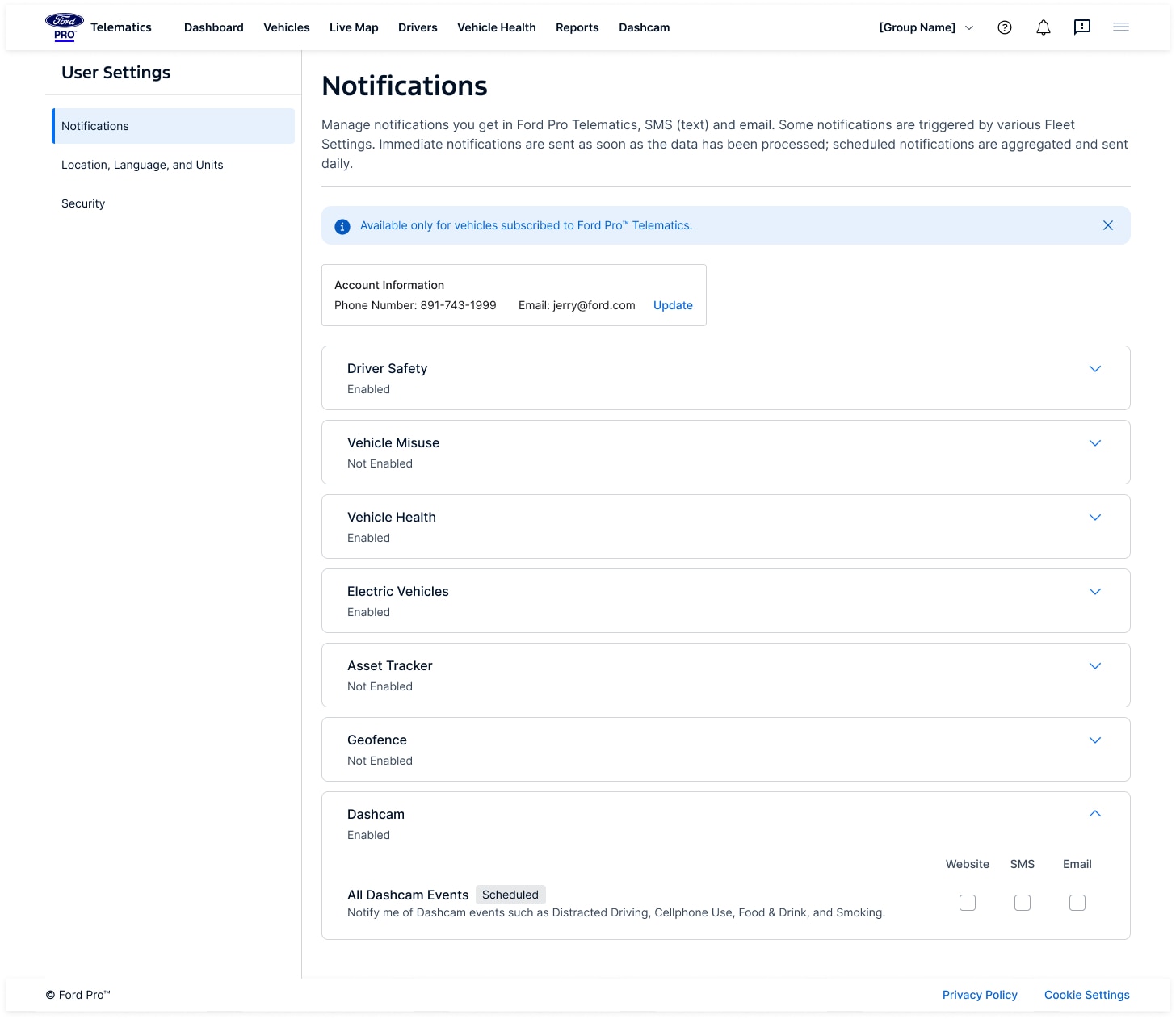 Dashcam notification management options.