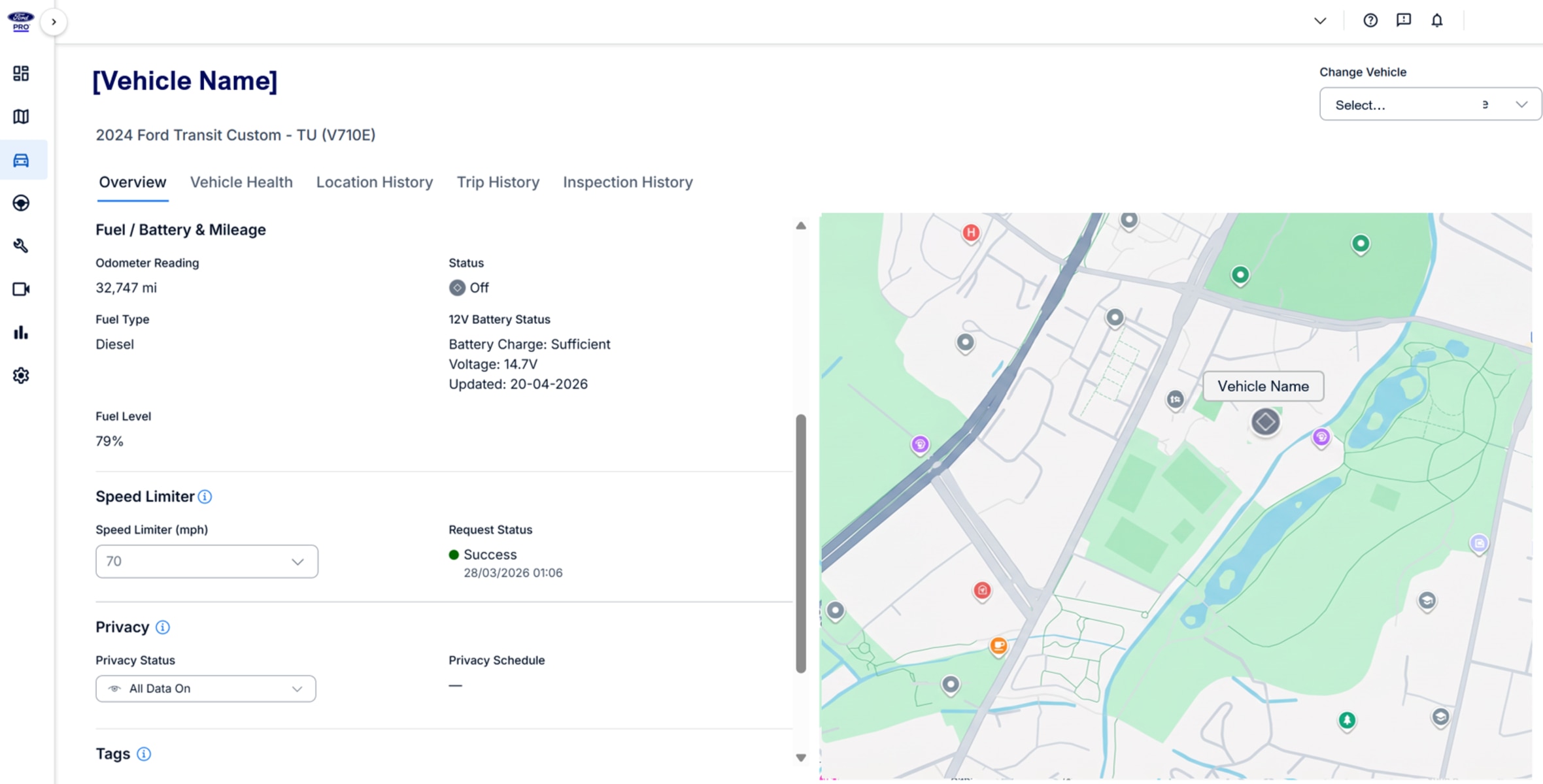 Map tracking a specific vehicle in a fleet, including their speed limiter, activity, and more.