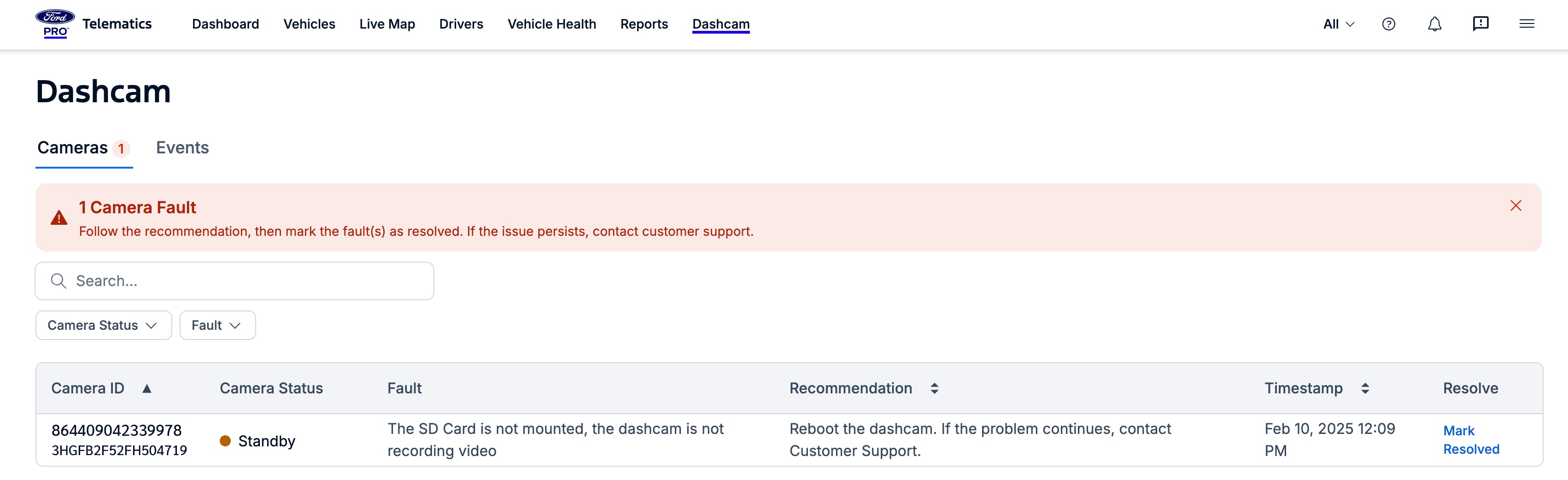 A screenshot of the Cameras tab in the new Dashcam page.  