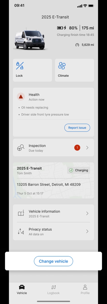 A screenshot of the Ford Pro Telematics Drive app, showing the Change vehicle button