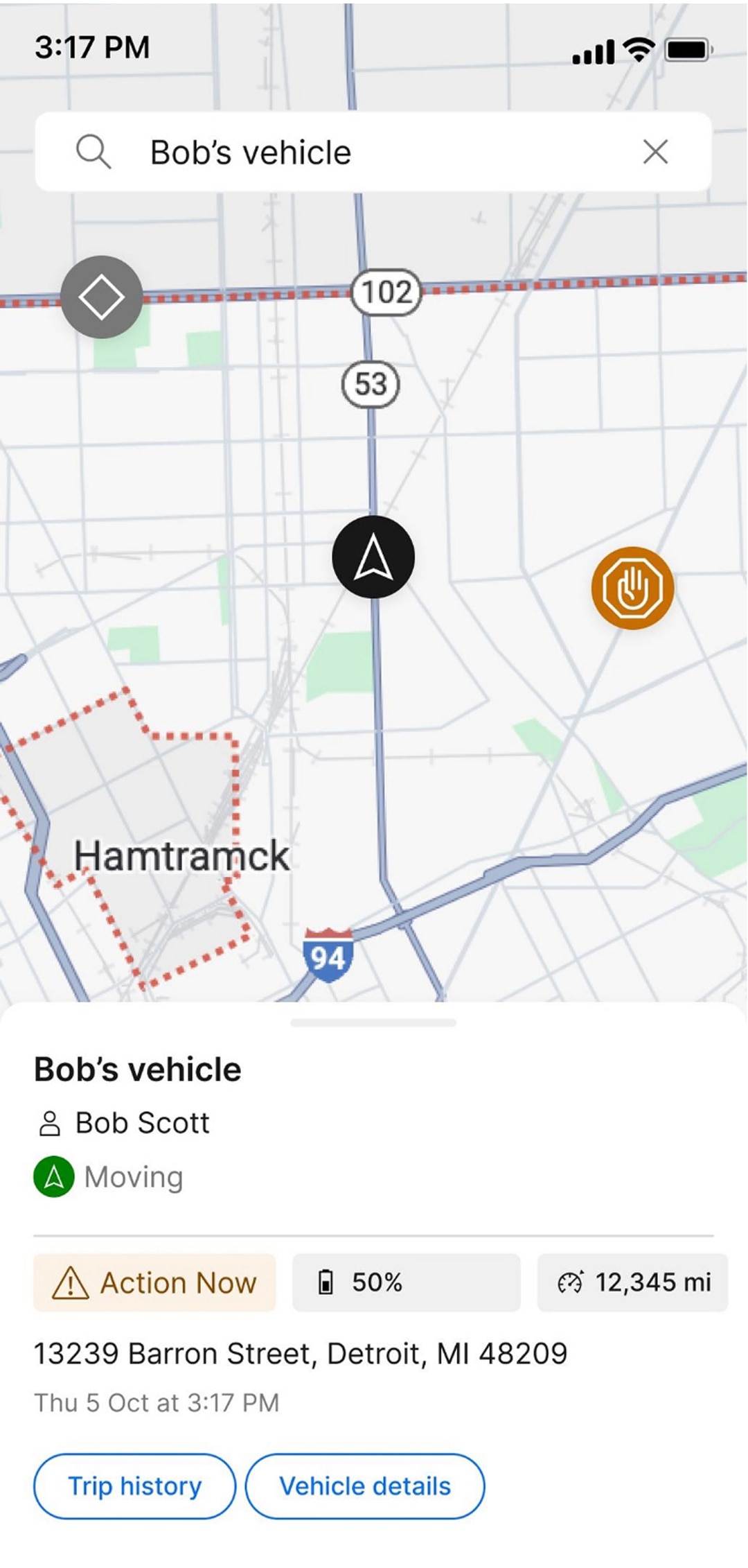 A screenshot of the updated map screen in the Ford Pro Telematics Drive app, showing vehicle health as “Action Now,” battery level at 50%, and mileage at 12,345 miles.