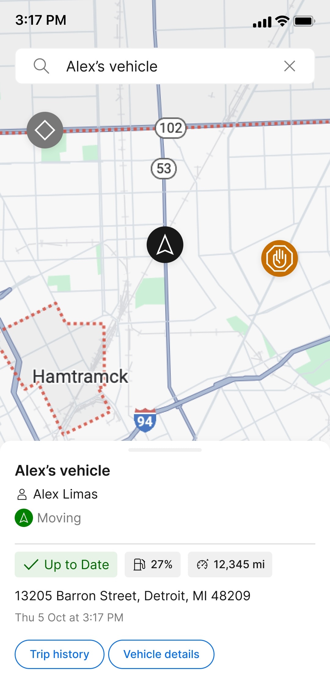  A screenshot of the updated map screen in the Ford Pro Telematics Drive app, showing vehicle health as “Up to Date,” fuel level at 27%, and mileage at 12,345 miles. 