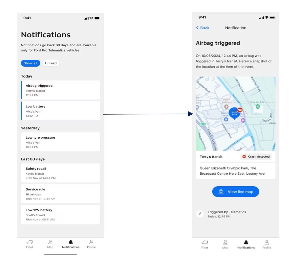 A screenshot showing in-depth trip history in Ford Pro Telematics.