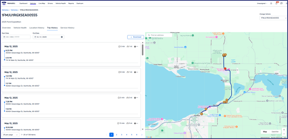A web page view from Ford Pro Telematics showing a vehicle trip history and map. The screen lists trip details such as start and end times, locations, and duration, with a route displayed on the right side map connecting several points near a lake.