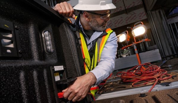 Ford commercial truck hauling construction equipment on a dusty job site at sunrise.