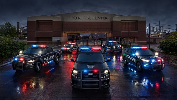 Police vehicles parked in front of Ford Rouge Center.