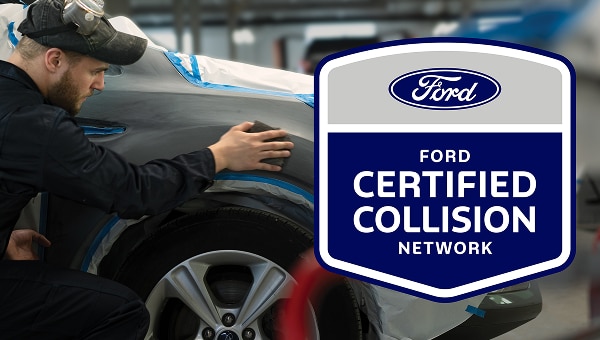Person polishing the side of a vehicle and a badge with Ford Certified Collision Network.