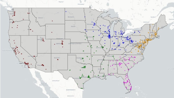 Image of a map with pins of over 650 Ford Pro™ Commercial Vehicle Centers